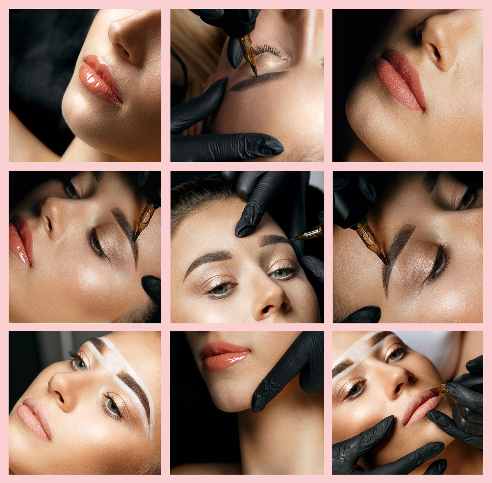 Permanent makeup concept kit: cosmetician applying permanent pigment to a woman